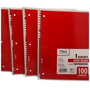 Mead 1 Subject Wide Ruled Spiral Notebook 100 Sheets 10.5" x 7.5" Red Cover Pack